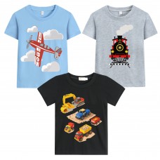 POPTEM Toddler Boys 3-Pack T-Shirt Airplane Train Excavator Graphic Tee Short Sleeves Top