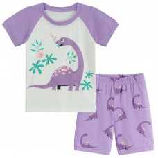 POPTEM Toddler Girls Pajamas Short Sleeve Dinosaur Pjs Cotton Sleepwear Sets Purple 2-Piece