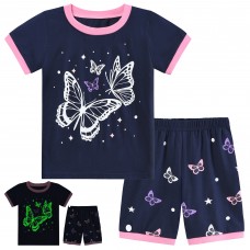 POPTEM Toddler Pajamas Girls Glow in the Dark Butterfly Pjs Short Sleeves 2-Pieces Sleepwear Navy Blue