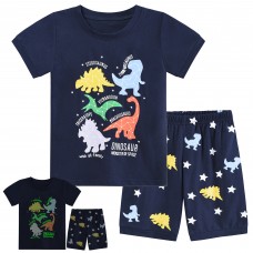 POPTEM Toddler Boy Pajamas Dinosaur Pjs Short Sleeves Glow in the Dark 2-Pieces Sleepwear Navy Blue